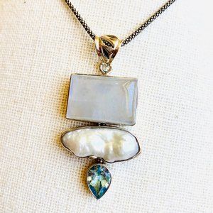 Moonstone, Blue Topaz, & Freshwater Pearl Pendant